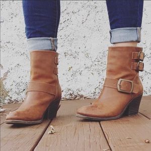 Lucky Brand Chestnut Brown Buckle Heeled Boots